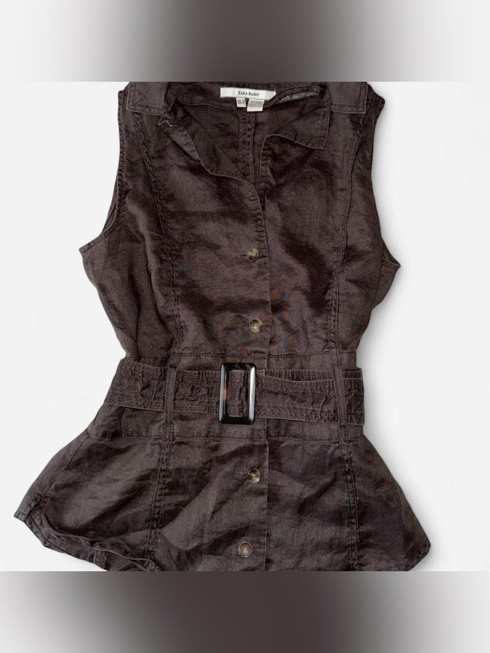 Zara Dark Brown Sleeveless Button-Front Vest With Belt